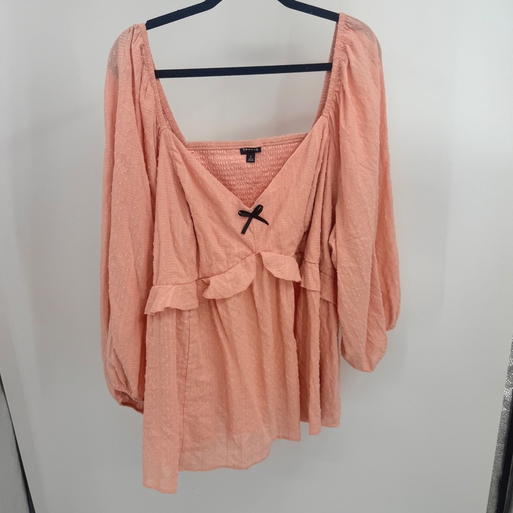 Torrid Plus 5 Peach Swiss Dot Cotton Babydoll Balloon Sleeve Top 5X Pink 5XL Bow